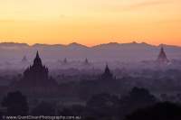 Dawn over temple plain at Bagan Archaeological Zone.