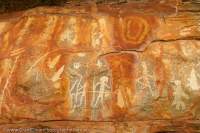 Aboriginal petroglyphs on dolomite bed, Kalamina Gorge, Hamersley Range, Karijini National Park, Western Australia.