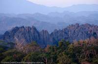LAOS, Khammuan, Ban Na Hin. Limestone karst ridges & pinnacles, Phu Hin Bun National Protected Area, dawn.