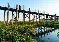 Monk crossing U-Bein bridge, at 1200 metres the world's longest teak foot bridge, sunrise.