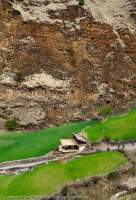 NEPAL, Mugu. Traditional-style house amidst grain field at base of cliff.