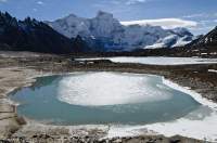 NEPAL. Frozen pool, Gyazumba Tsho (6th lake), Gokyo (Dudh Khosi) valley, Sagamartha National Park.