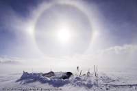 ARGENTINA, Patagonia. Solar halo (refraction due to atmospheric ice crystals) over camp, southern Patagonian Icecap.