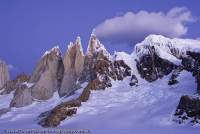 ARGENTINA, Patagonia. Granite spires of Cerro Torre and subsidiary peaks at head of Circo de los Altares, dusk.