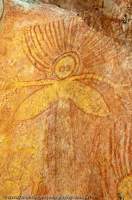AUSTRALIA, Western Australia, West Kimberley. Aboriginal rock art at Wren Gorge (Murragandi), female Wanjina (creator being), rock art style painted during last 4000 years.
