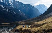 NEPAL, Dolpo. Trekking camp below Yala La, Chyandi Khola valley.