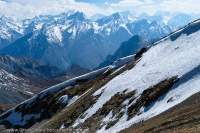 NEPAL, Dolpo. Kanjirowa Himal mountains from high (5000m) ridge above Pho village and Tora Khola valley.