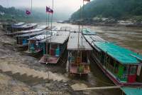 Slow boats moored at Pakbeng, Mekong River, Laos