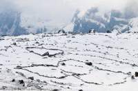 NEPAL. Stone walled corrals in snow, Makalu Base Camp Trek, Makalu - Barun National Park.