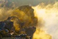 Dawn mist wreathes quartzite bluffs, Tasmanian Wilderness World Heritage Area