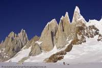 ARGENTINA, Patagonia. Granite spires of Cerro Torre and subsidiary peaks at head of Circo de los Altares.