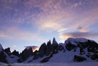 ARGENTINA, Patagonia. Granite spires of Cerro Torre and subsidiary peaks at head of Circo de los Altares, dawn.